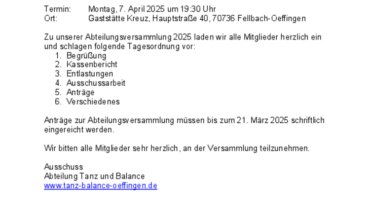 Tanz&Balance Abteilungsversammlung