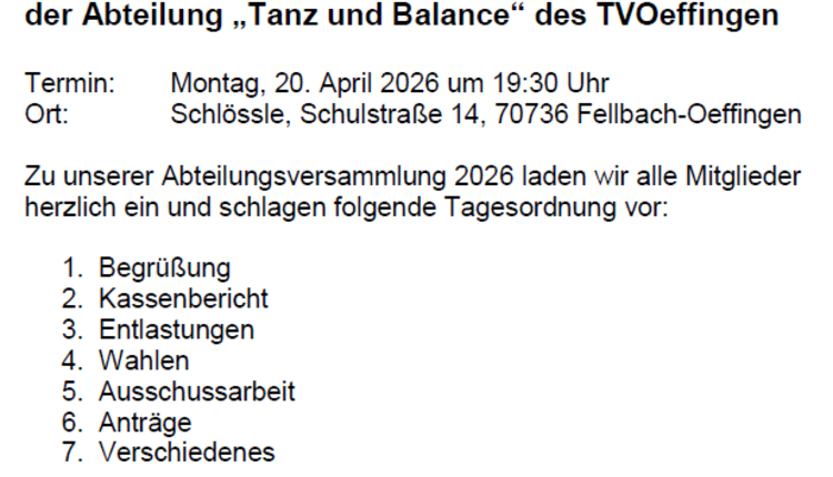 Einladung zur Abteilungsversammlung "Tanz und Balance" am 20. April 2026